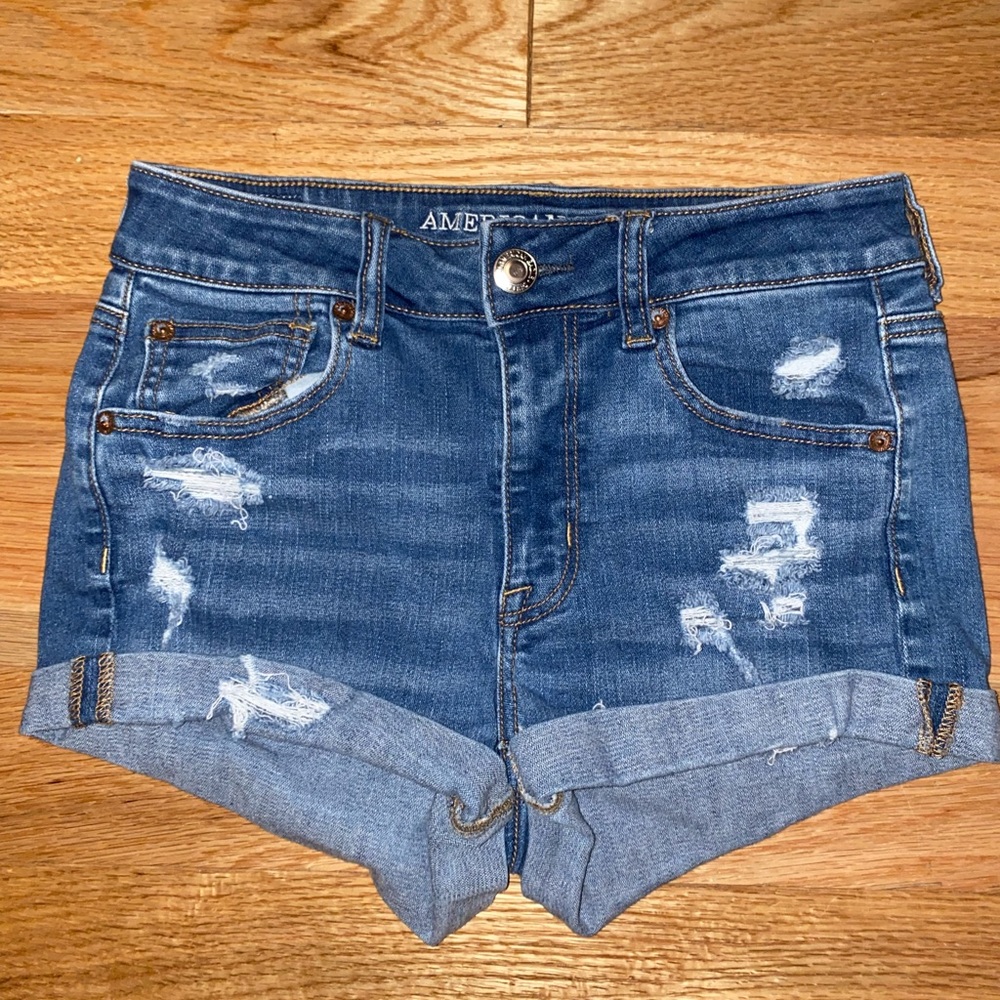 American Eagle “high rise shortie” blue Jean shorts
